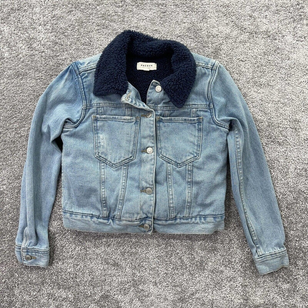 Pacsun Jacket Womens XS Denim Sherpa Lined Blue Jean Button Faux Fur Lining